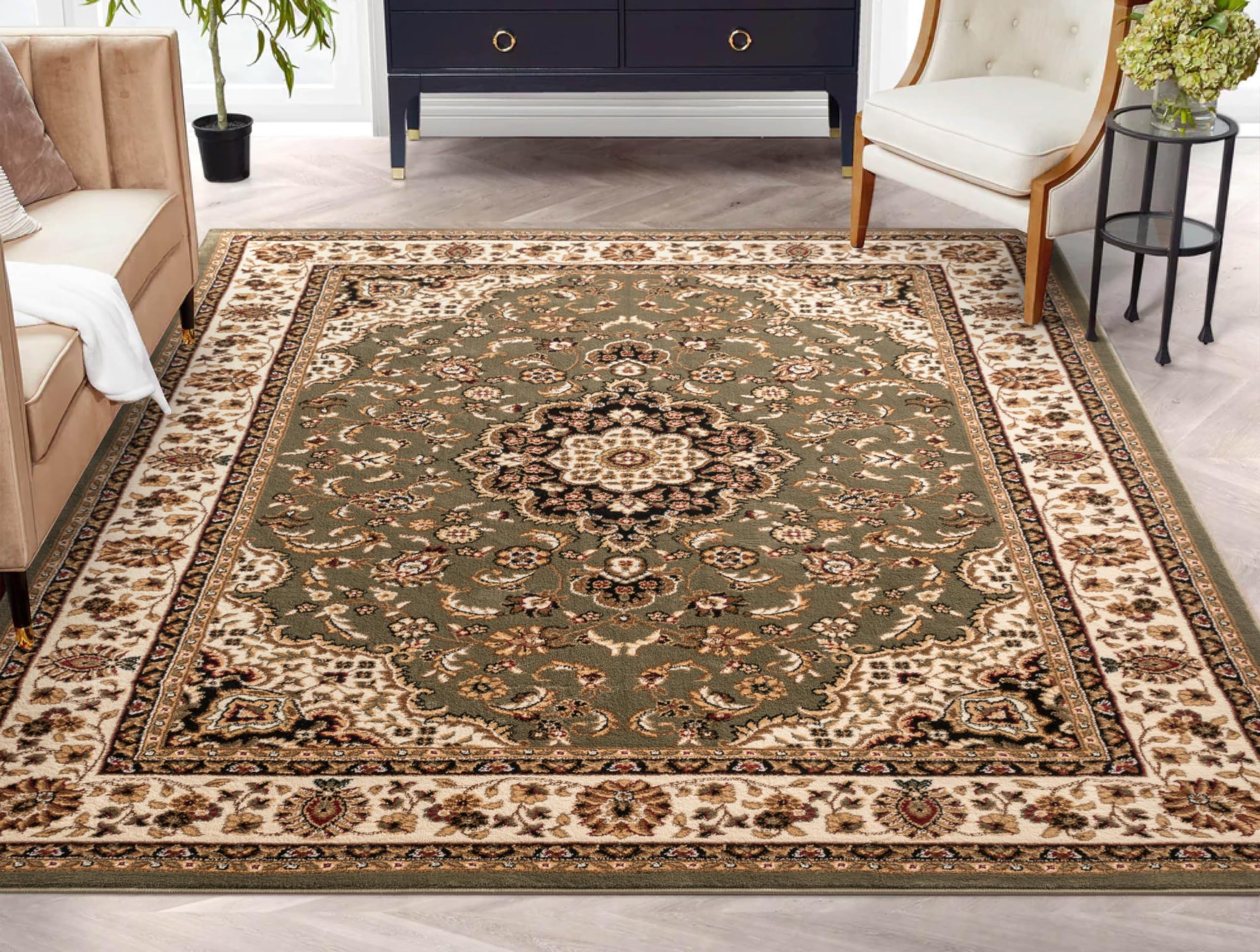 Well Woven Barclay Collection Medallion Kashan Green 9x12 Area Rug - Soft Non-Slip Living Room, Bedroom & Dining Room Carpet - Perfect for Home Decor, Office & High Traffic Areas