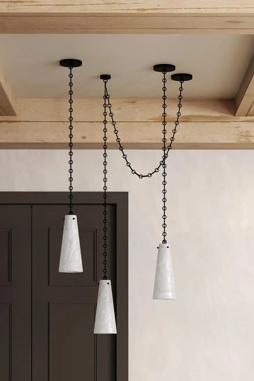 Vintage Alabaster Pendant Light - 3-Light Cluster Chandelier for Dining Room, Kitchen Island & Bedroom | Contemporary Charlie Style in White Alabaster Finish