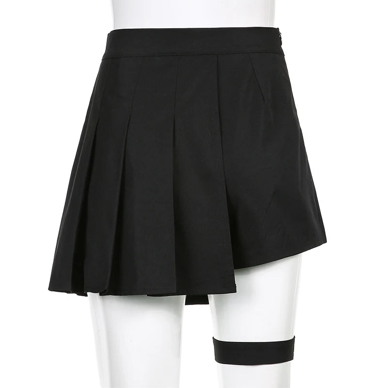 Punk Style Black Pleated Asymmetrical Skirt for Women | High Waist Buckle Detail | Gothic Mini Skirt for Summer | Perfect for Parties, Concerts & Night Out