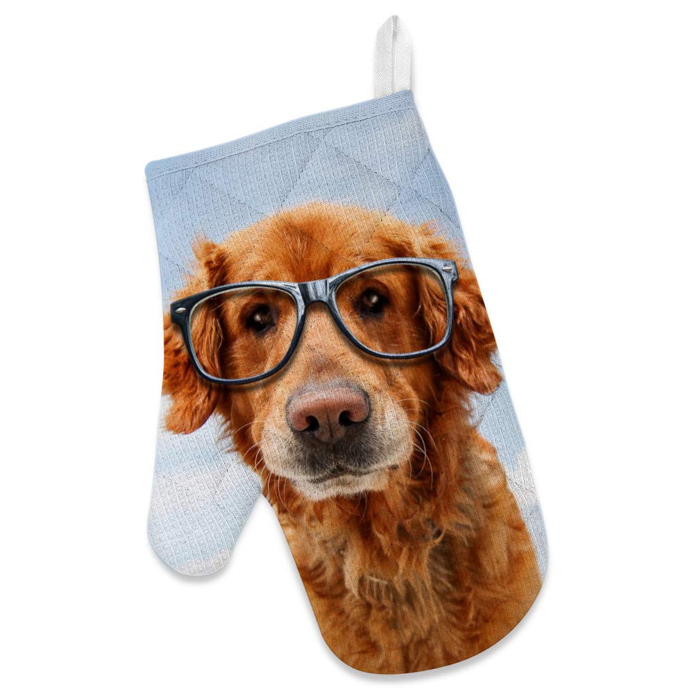Heat Resistant Polyester Kitchen Oven Mitts & Potholder Set (3Pcs) - Cute Golden Retriever with Glasses Design, Non-Slip for Baking, Cooking, BBQ - Perfect for Home Kitchen & Outdoor Grilling