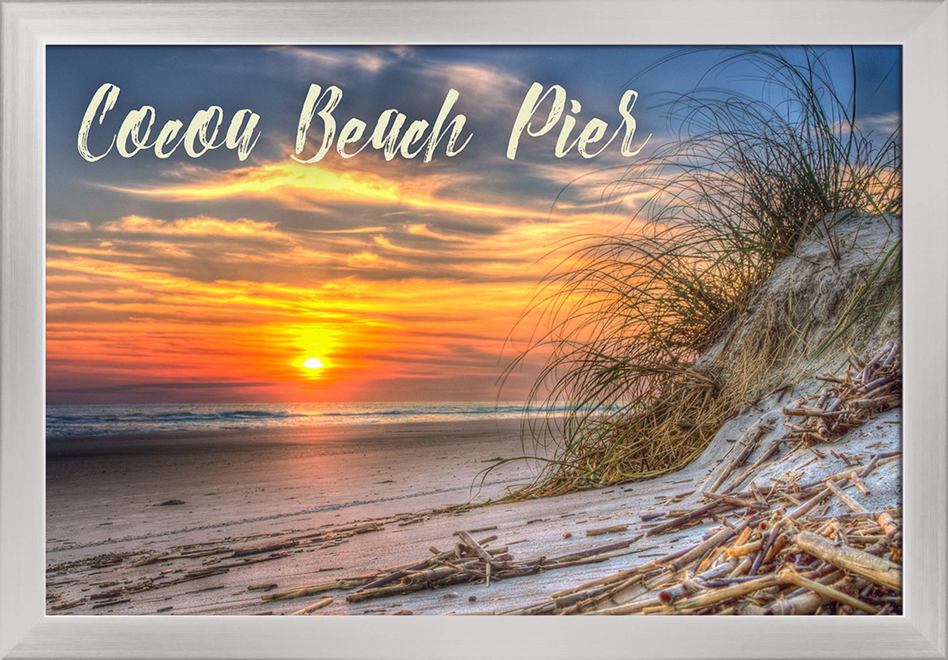 Florida Cocoa Beach Pier Sunset Art Print - 16x24 Giclee Fine Art on Recycled Wood Frame with Silver Finish | Perfect for Coastal Home Decor, Beach House Wall Art, Living Room or Bedroom Decoration