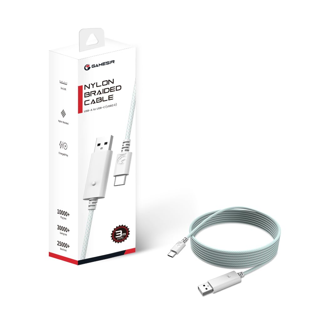 GameSir USB-C Cable for G7 SE/G7/T4 Kaleid Controller - 10ft Fast Charging & Data Sync Braided Cord (White & Cyan) - Perfect for Gaming, PC & Mobile Charging