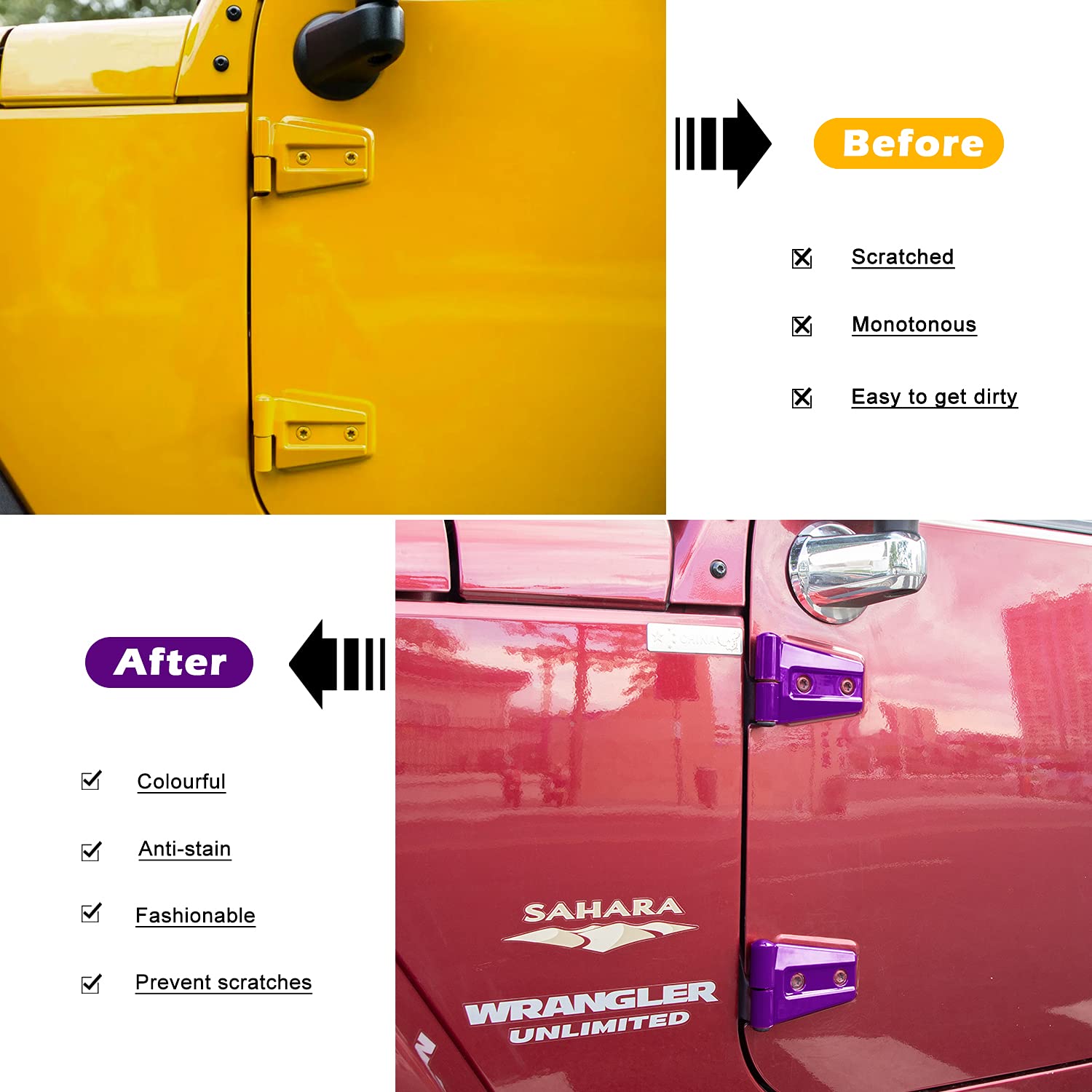 2007-2018 Jeep Wrangler JK JKU 2&4 Door Exterior Door Hinge Cover Trim Accessories - 8PCS Purple for Off-Road Protection & Style Upgrade