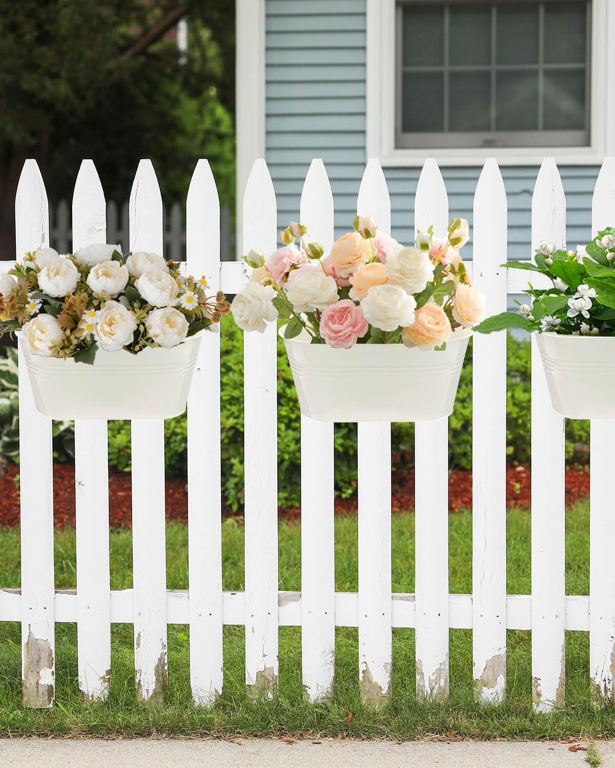 Vensovo 3 Pack Metal Railing Planter Box for Outdoor Plants - White Oval Hanging Flower Pots with Detachable Hooks & Drain Holes - Perfect for Balcony, Garden Fence, Deck & Patio Decor