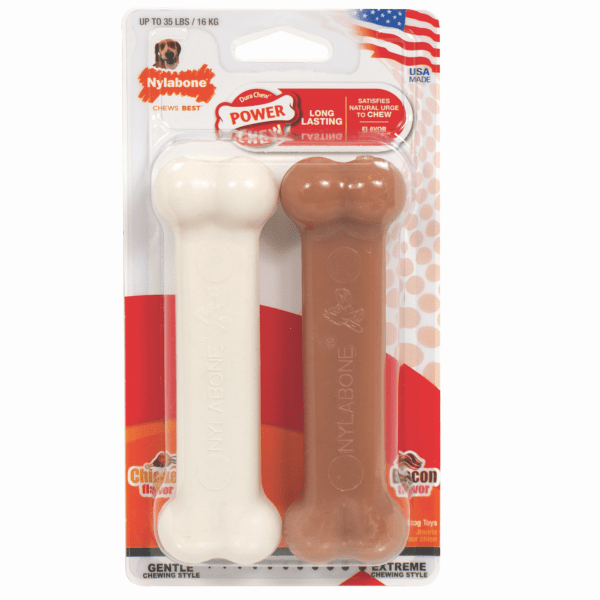 Nylabone Power Chew Bacon & Chicken Flavor Durable Dog Chew Toy for Aggressive Chewers - Tough Puppy Teething Toy for Large & Medium Dogs - Great for Indoor & Outdoor Playtime