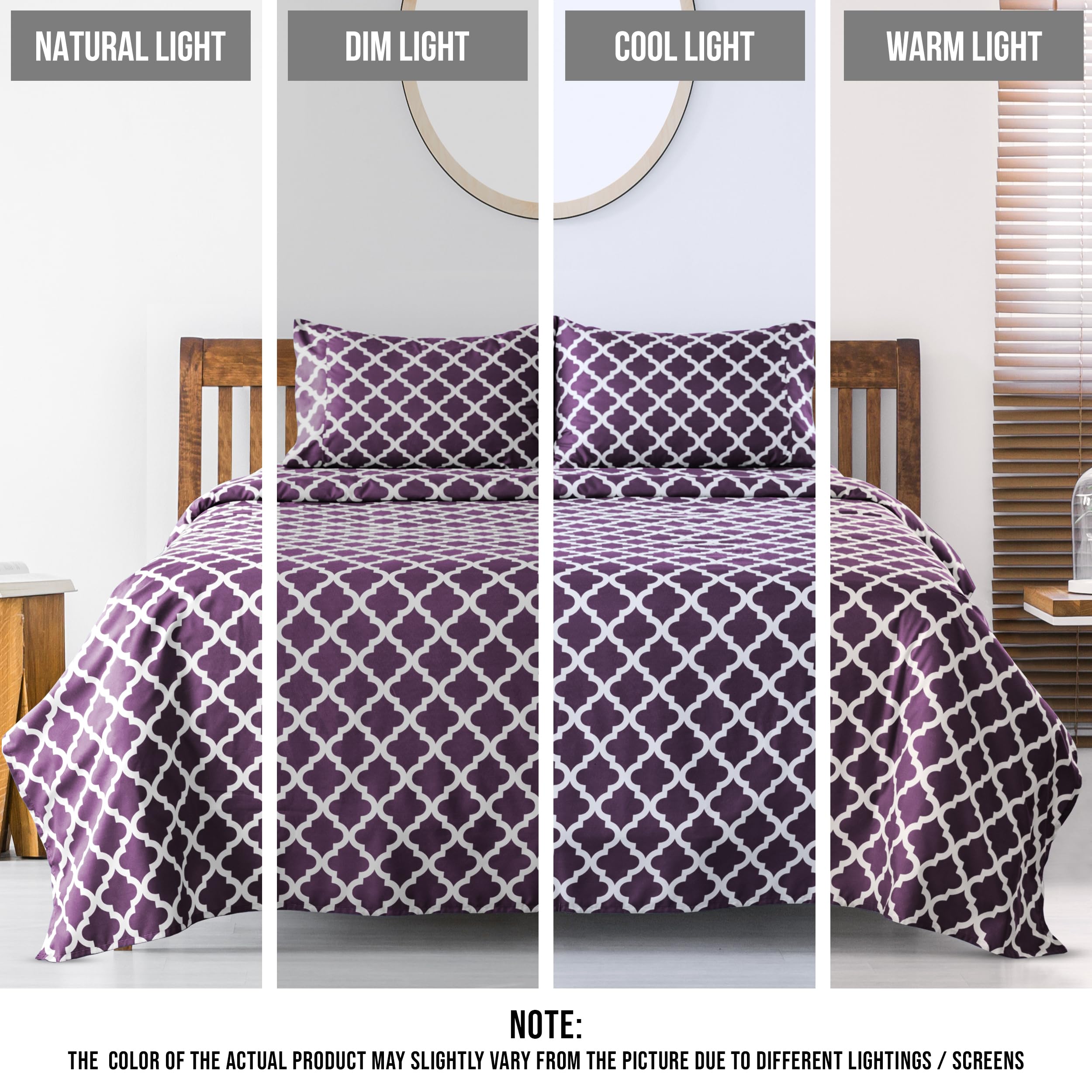 Lux Decor California King Size 4-Piece Cooling Bed Sheet Set - Breathable Hotel Style Microfiber Sheets with Deep Pockets | Soft, Wrinkle-Free & OEKO-TEX Certified Quatrefoil Design (Purple) - Perfect for Hot Sleepers & Luxury Bedroom Decor