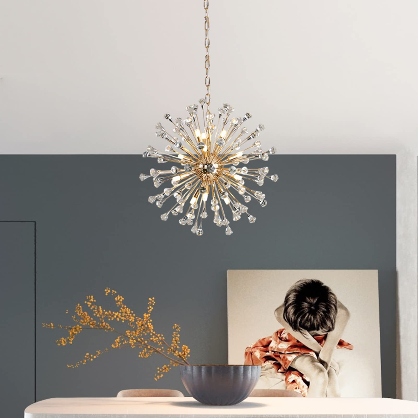 Modern Golden Starburst Crystal Chandelier - Adjustable Height Ceiling Pendant Light with G9 Bulb (62cm) - Perfect for Kitchen Island, Dining Room, Bedroom & Bar Lighting Decor