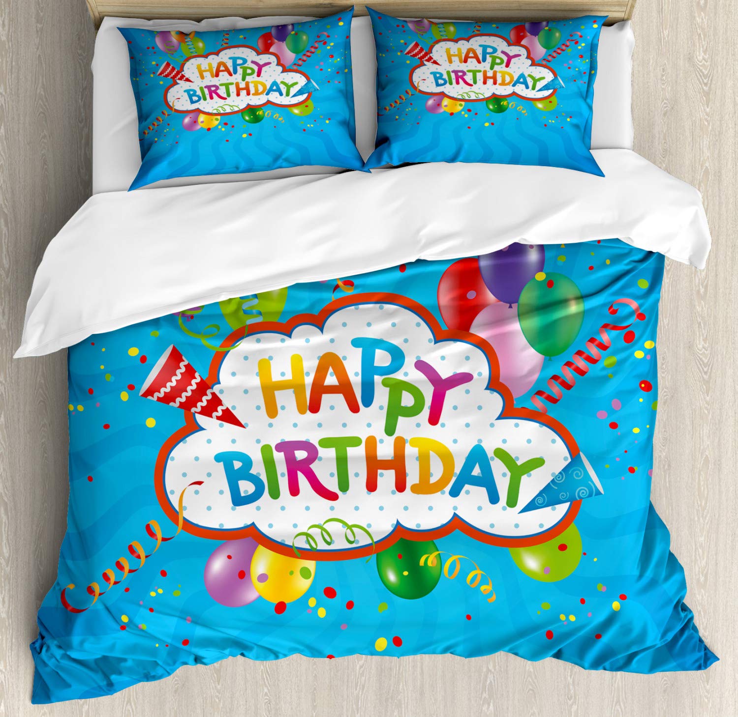 Ambesonne Birthday Duvet Cover Set - Wavy Blue Backdrop with Party Hats & Best Wishes Text, 3-Piece Decorative Bedding Set with 2 Pillow Shams, California King Size, Multicolor - Perfect for Birthday Parties, Bedroom Decor & Gift Giving