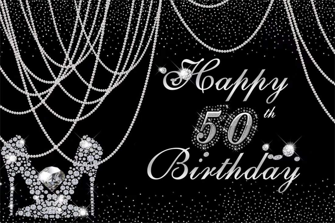 50th Birthday Party Backdrop for Women - 7x5ft Black & Silver Sparkly Photo Background with Pearl Curtain & Diamond High Heels - Perfect for Photography Studio, Photo Booth, Birthday Celebrations & Special Events