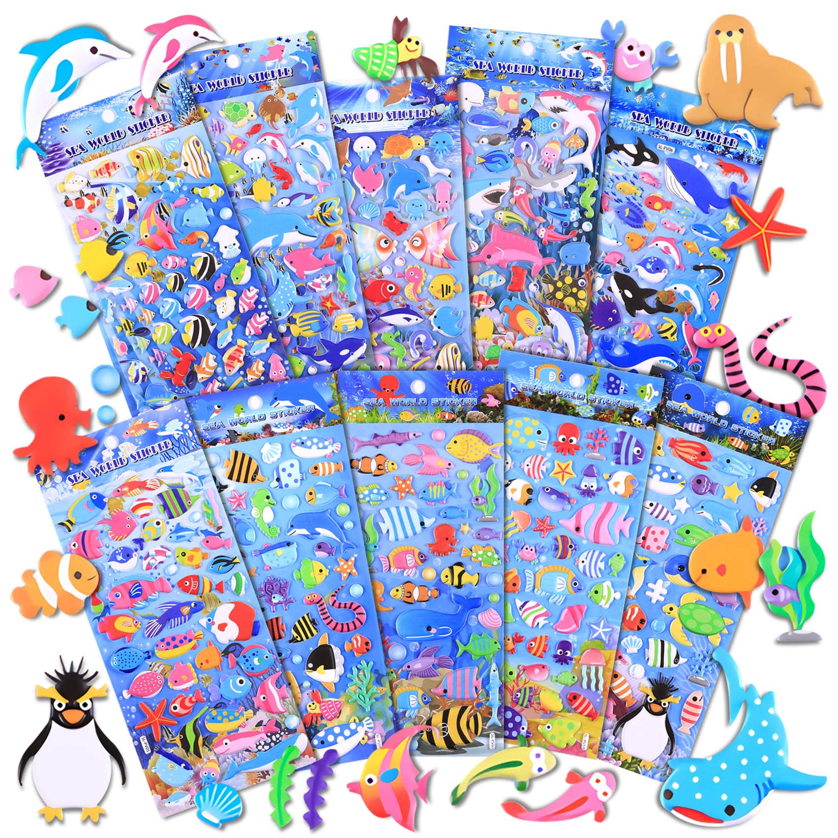500+ 3D Puffy Ocean Animal Stickers for Kids - 10 Different Sheets Bulk Pack, Scrapbooking Supplies, Classroom Rewards, Birthday Party Favors for Boys & Girls | Perfect for DIY Crafts, School Projects, and Teacher Gifts