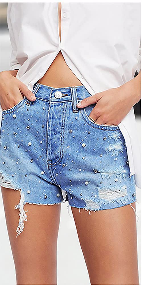 Women's Ripped Denim Shorts with Studded Details & Tassel Hem - Mid Waist Sexy Jean Shorts for Summer Outfits, Beach Vacations & Casual Streetwear