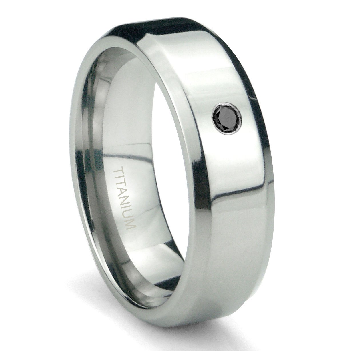 6mm Titanium Solitaire Black Diamond High Polish Beveled Wedding Band Ring for Men - Durable & Hypoallergenic Wedding Ring for Groom, Engagement, Anniversary Gift