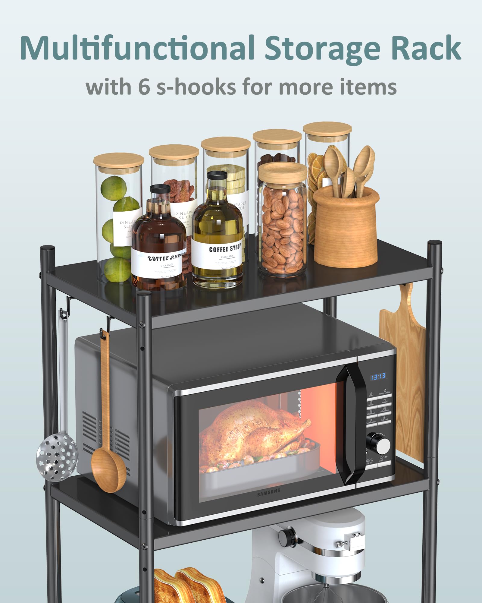 4-Tier Adjustable Height Microwave Stand with Storage - Industrial Kitchen Bakers Rack on Lockable Wheels (47.2