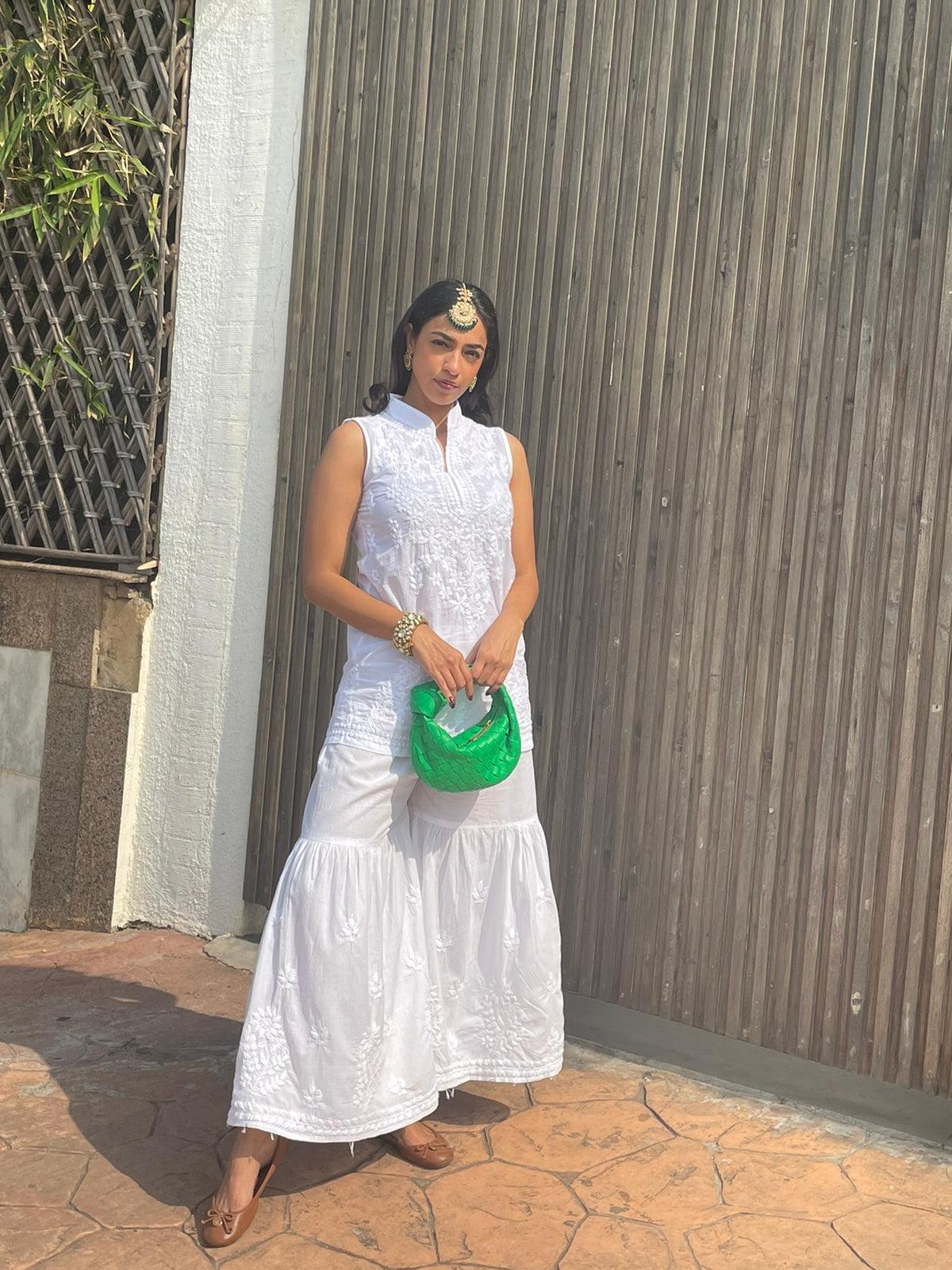 Anoushka Noor Sleeveless Hand Embroidered Chikankari Cotton Tunic Top - White | Summer Casual Wear, Boho Chic Outfit, Beach Cover-Up, Festival Fashion