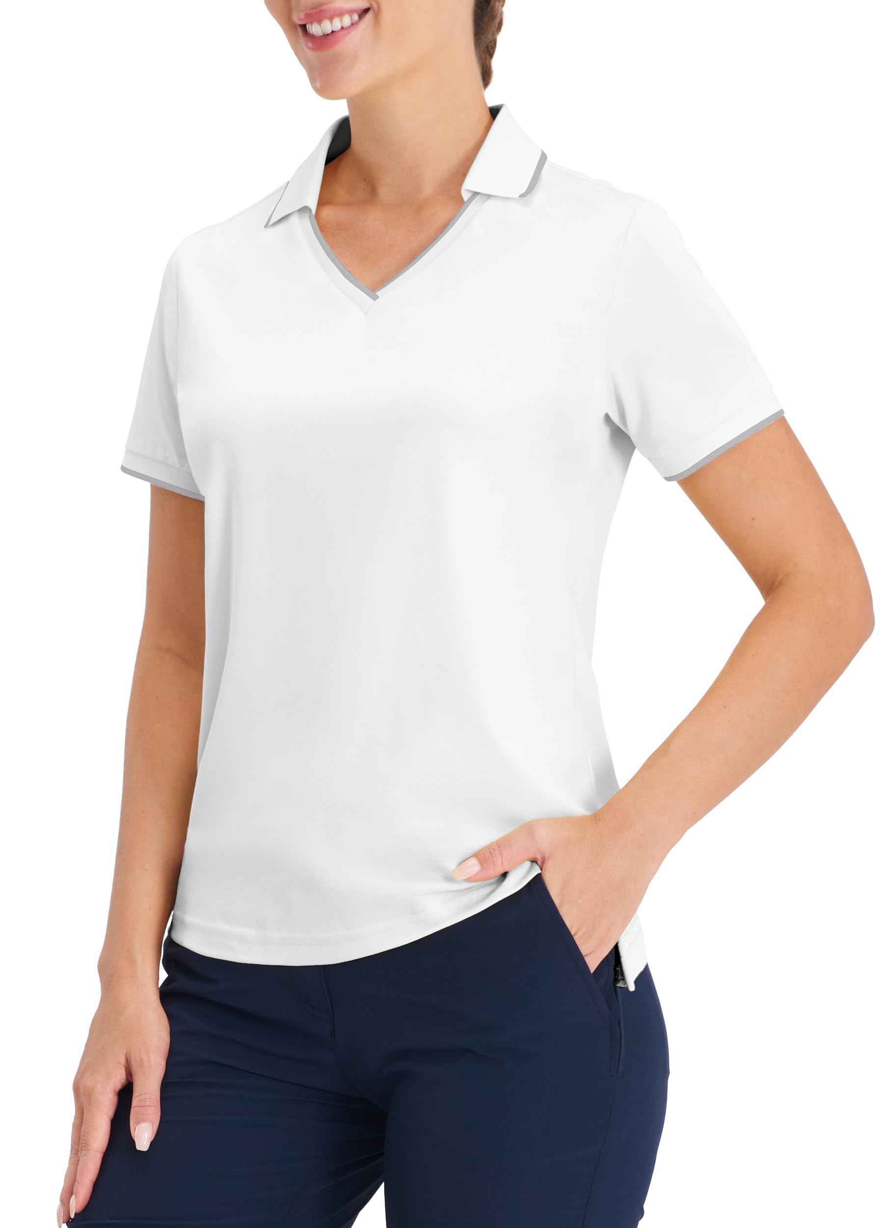 Hiverlay Women's Quick-Dry V-Neck Polo Shirt - Lightweight Golf & Tennis Shirt with Sun Protection - White XXXL - Perfect for Golf, Tennis & Outdoor Activities