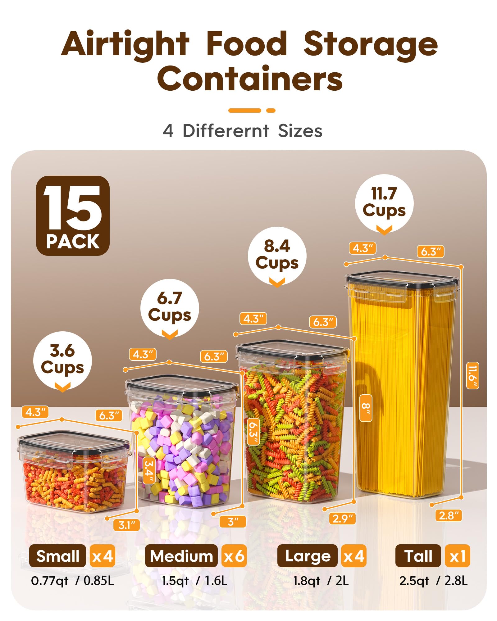 15-Pack Airtight Food Storage Containers with Lids - BPA-Free Plastic Kitchen Organizers for Cereal, Flour, Sugar, Pasta & Dry Food - Includes Labels & Marker - Perfect for Pantry, Baking & Meal Prep Organization