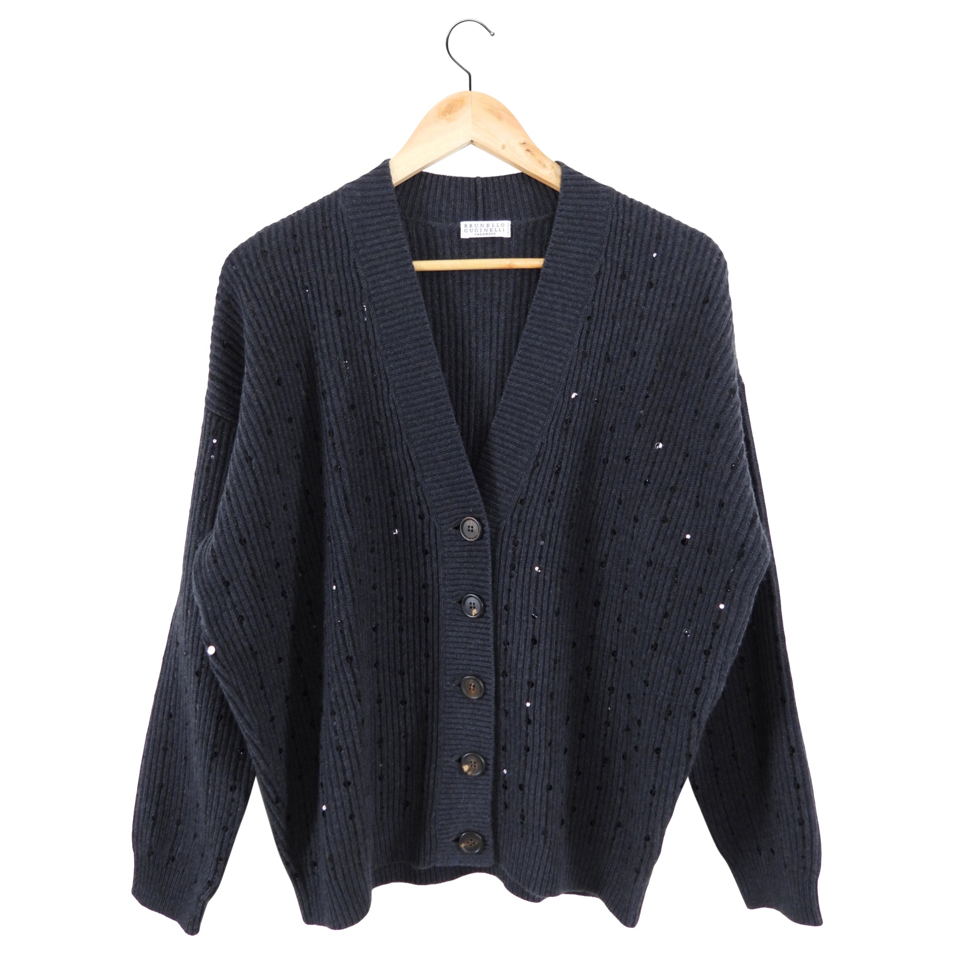 Brunello Cucinelli Charcoal Grey Cashmere Sequin Cardigan for Women - Luxury Knitwear for Evening Parties & Special Occasions
