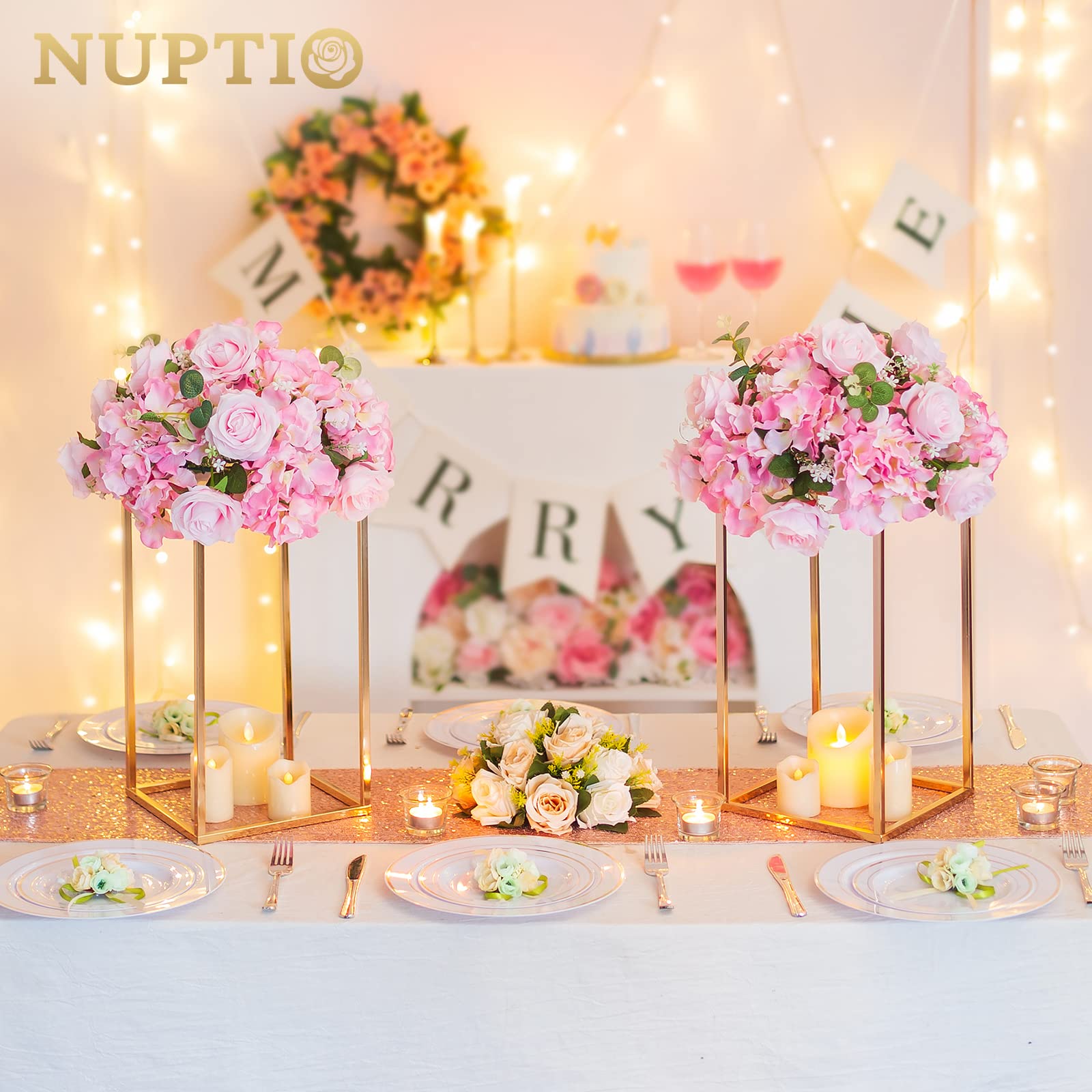 10-Pack Nuptio 15.75 Inch Tall Gold Wedding Vases with Acrylic Panels - Elegant Floral Centerpieces for Wedding Tables, Home Decor, Party & Event Decorations - Perfect for Weddings, Anniversaries, and Special Occasions
