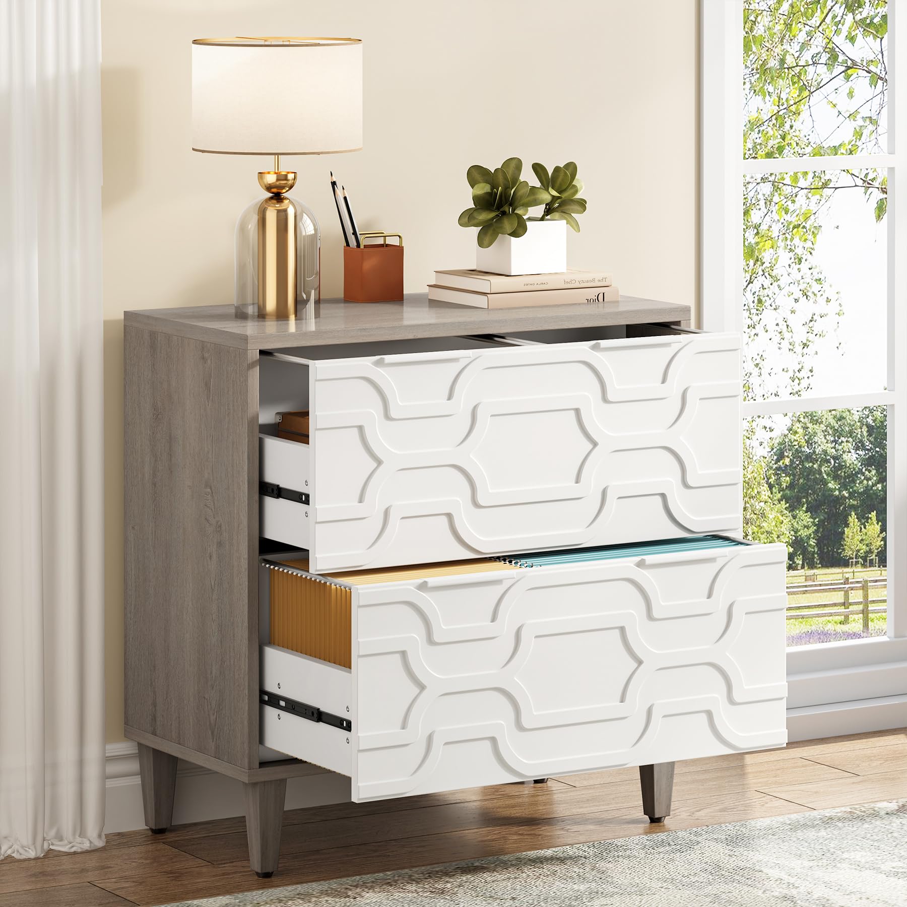 Tribesigns 2-Drawer Lateral File Cabinet - A4 Letter Legal Size Office Storage Organizer with Printer Stand - White & Gray Home Office Furniture for Documents, Supplies & Workspace Organization