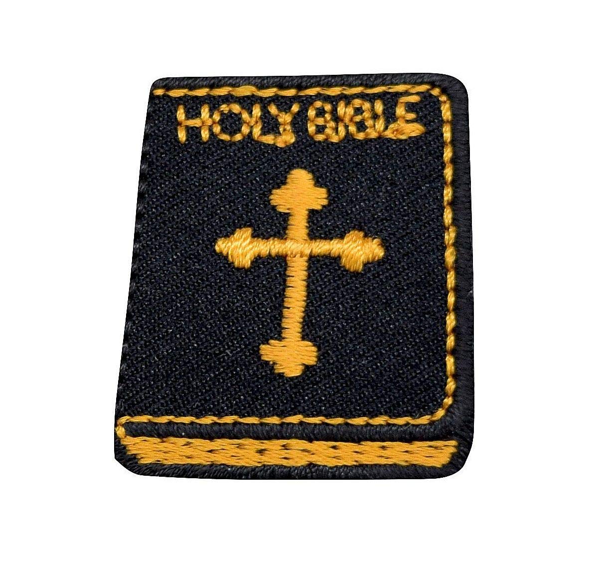 Black & Yellow Gold Embroidered Iron-On Patch - Holy Bible Cross Design for DIY Clothing, Hats, Bags & Accessories | Religious & Fashion Statement