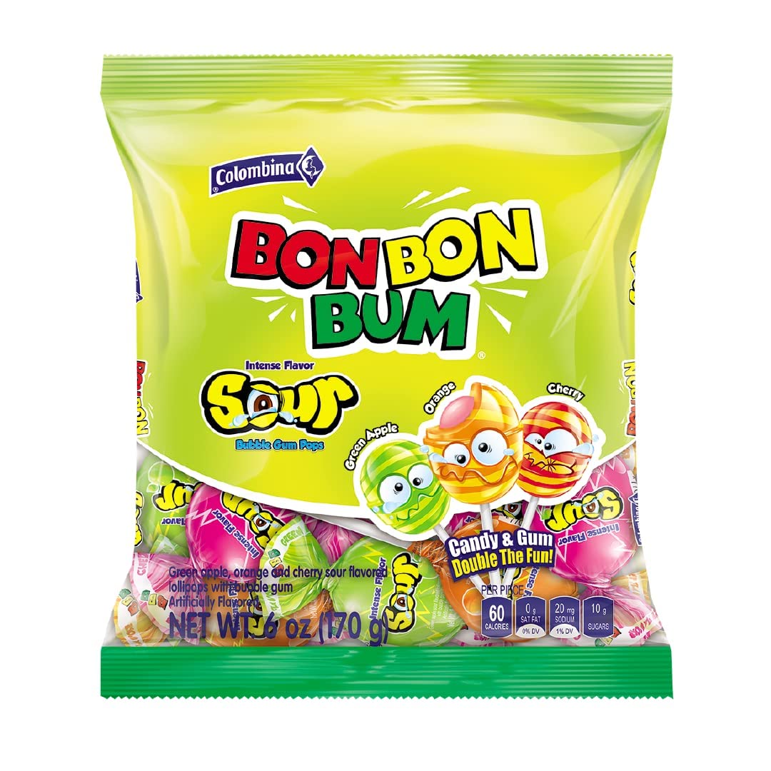 Bon Bon Bum Sour Bubble Gum Pops - 6oz Pack of 12 for Parties & Gifts