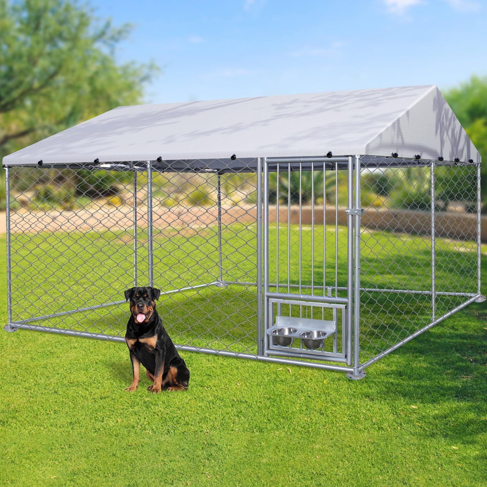 Rovibek 10'×10' Heavy Duty Outdoor Dog Kennel with Roof - Waterproof & Sun-Proof Cover, Includes 2 Stainless Steel Bowls - Perfect for Backyard, Patio, or Camping Use