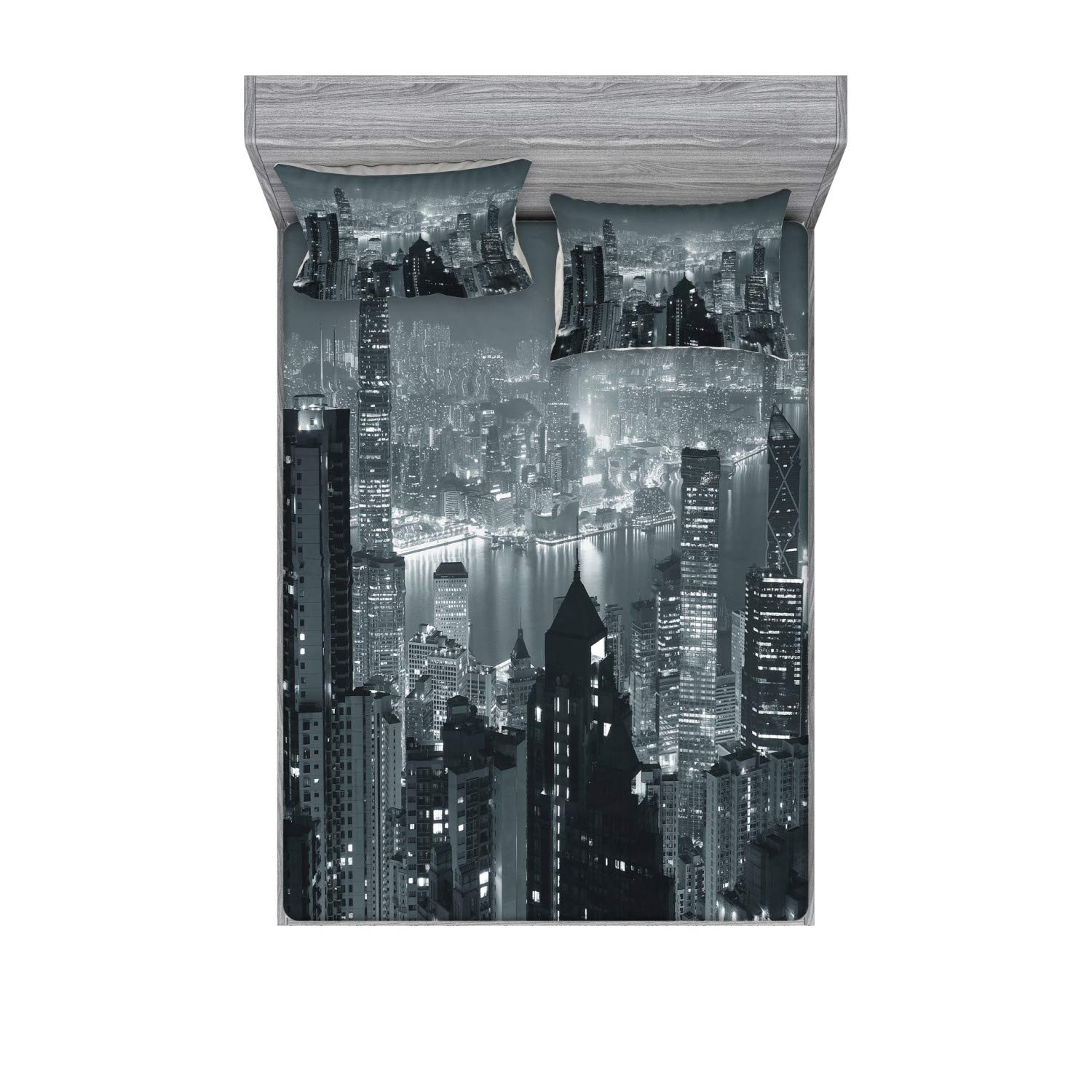 Ambesonne 3-Piece Hong Kong Skyline Bedding Set - Full Size Fitted Sheet & Pillow Sham, Grey Modern Urban Panorama Print for Home Decor | Perfect for City-Themed Bedrooms, Guest Rooms & Apartment Styling