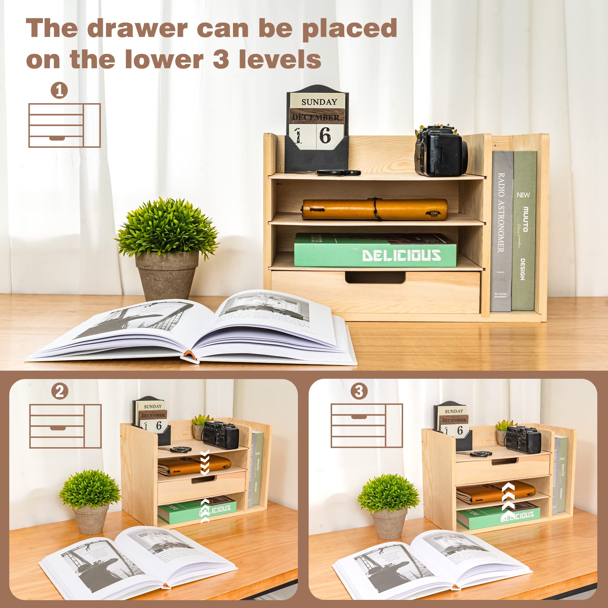 LAVIEVERT Wooden Desktop File Organizer with Drawer & 3 Adjustable Shelves - Mail Sorter, Paper Storage Cabinet for Home Office - Burly Wood - Perfect for Desk Organization, Document Management & Office Supplies Storage