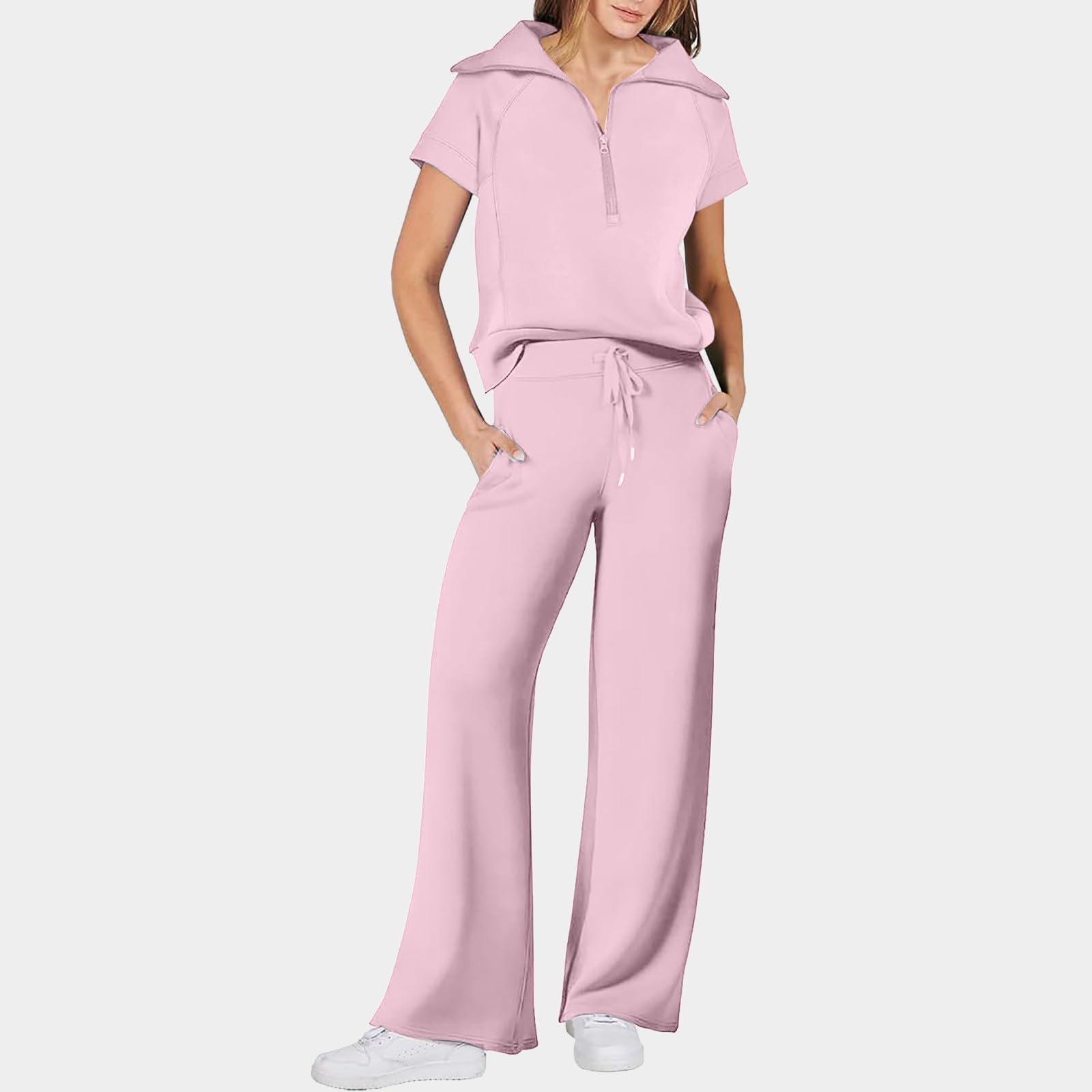 2 Piece Women's Summer Lounge Set - Cotton Quarter Zipper Tops & Drawstring Wide Leg Pants for Beach, Vacation & Casual Wear