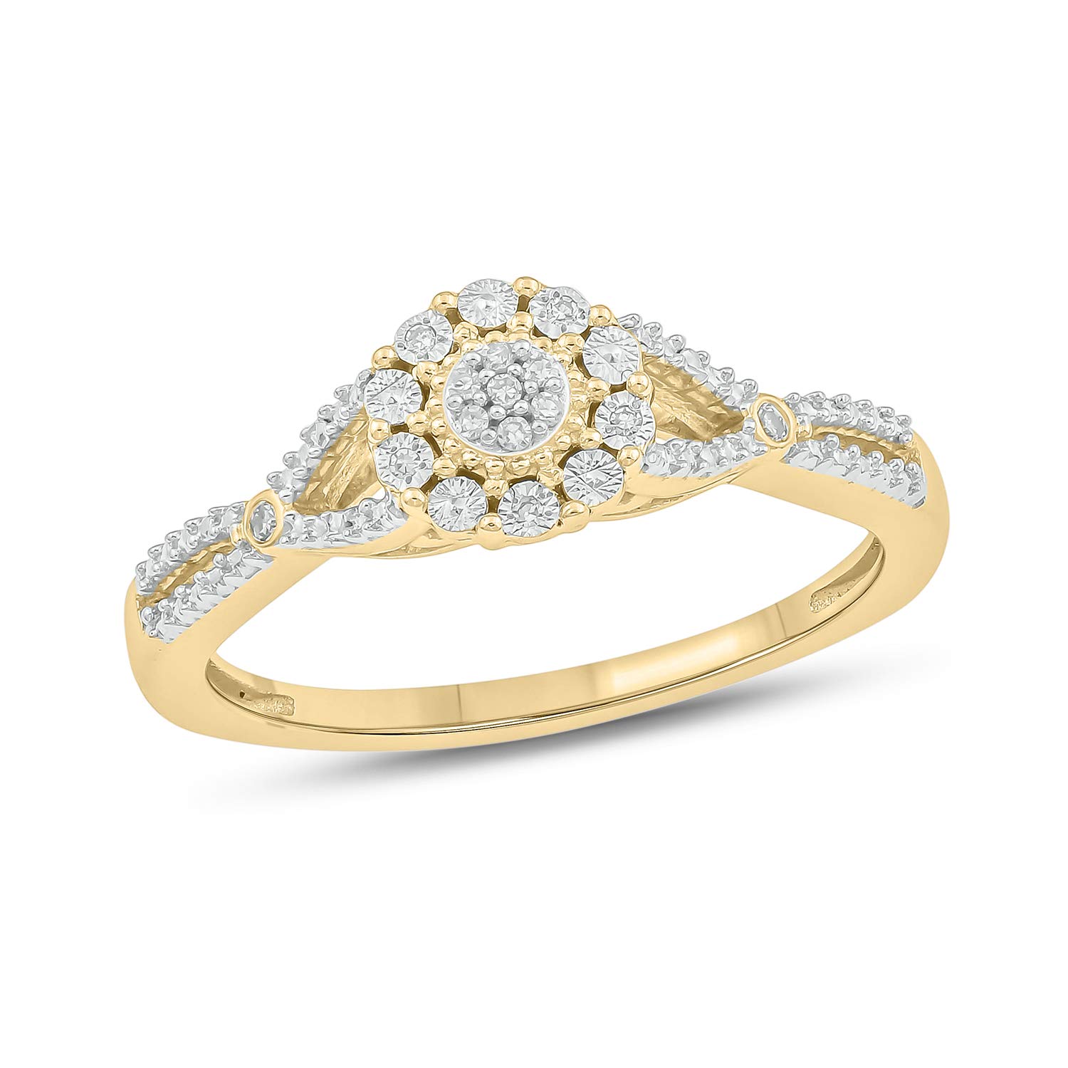 1/20cttw Diamond Cluster Promise Ring for Women - 925 Sterling Silver, Yellow Gold-Plated or Rose Gold-Plated - Round White Diamond Halo Floral Engagement Ring - Perfect for Anniversaries, Proposals & Special Occasions