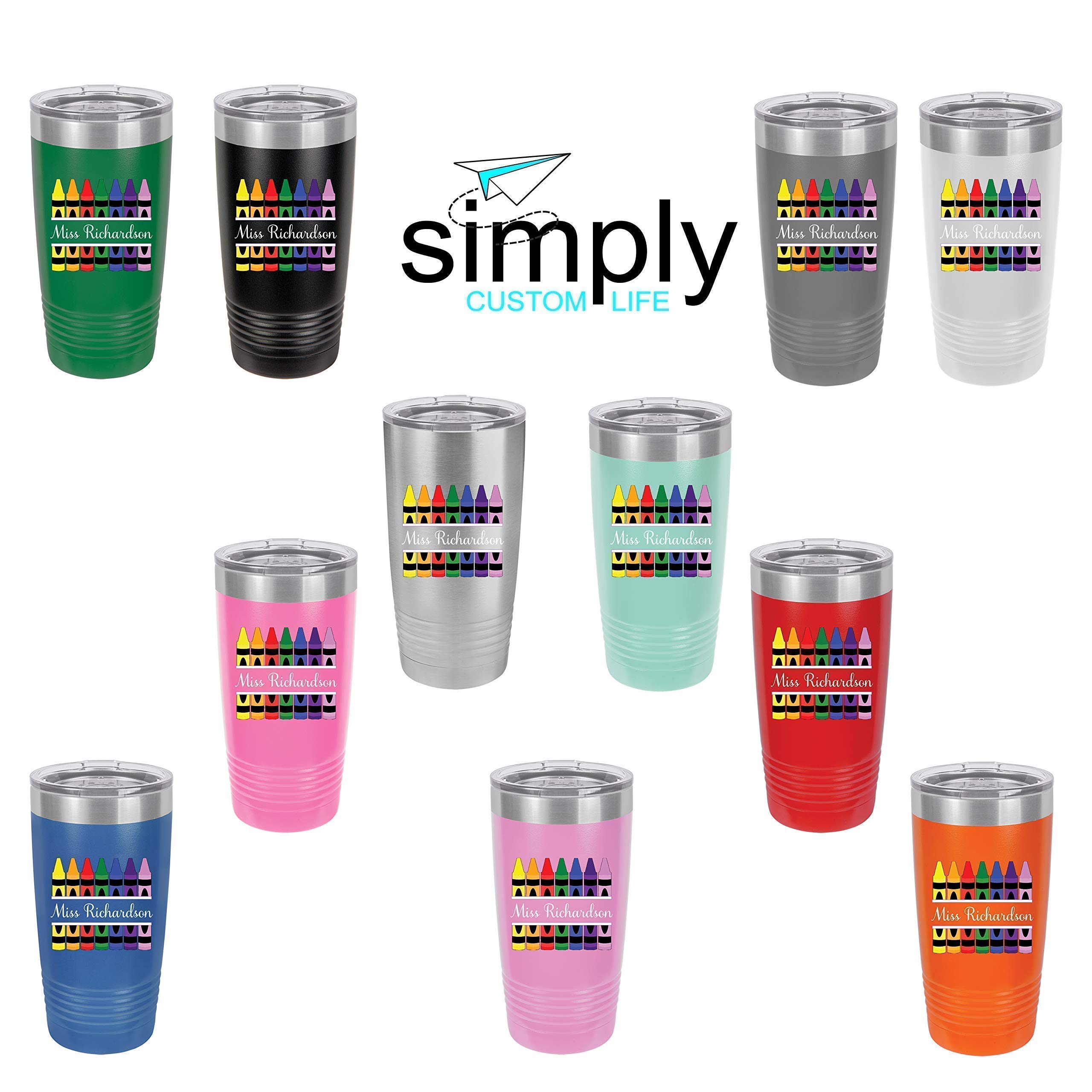 Personalized Teacher Crayons 20oz Insulated Tumbler with Lid & Straw - Custom Name Engraved Stainless Steel Cup - Perfect for Teacher Appreciation Gifts, Back to School, Classroom Rewards & Everyday Use
