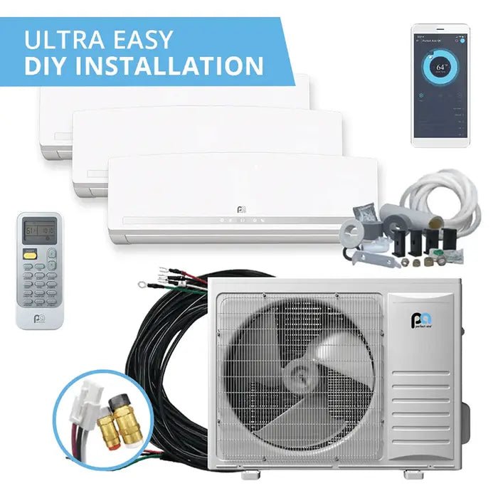 Perfect Aire DIY Multi Zone 3 Zone 24,000 BTU (9K + 9K + 9K) Mini Split Air Conditioner Heat Pump System - Ideal for Home, Office, and Small Business Cooling & Heating