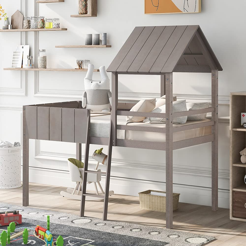 Twin Loft Bed with Ladder & Safety Rails - Farmhouse Style Kids Bed for Playhouse Fun
