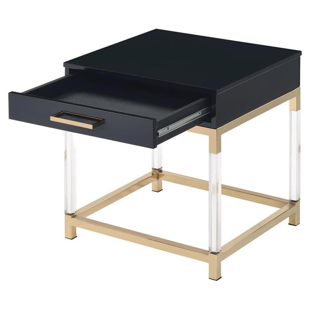 Acme Adiel Rectangular Wooden End Table with Storage Drawer - Black & Gold Nightstand for Bedroom, Living Room & Office