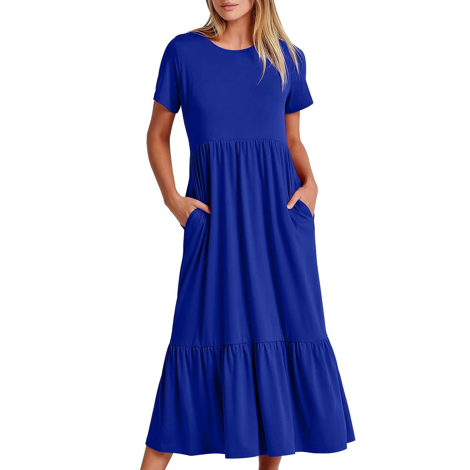Women's Maxi Sundress 2024 - Flowy Tiered Pleated Boho Beach Dress with Pockets | Spring Summer Long Dress for Vacations, Parties & Casual Outings