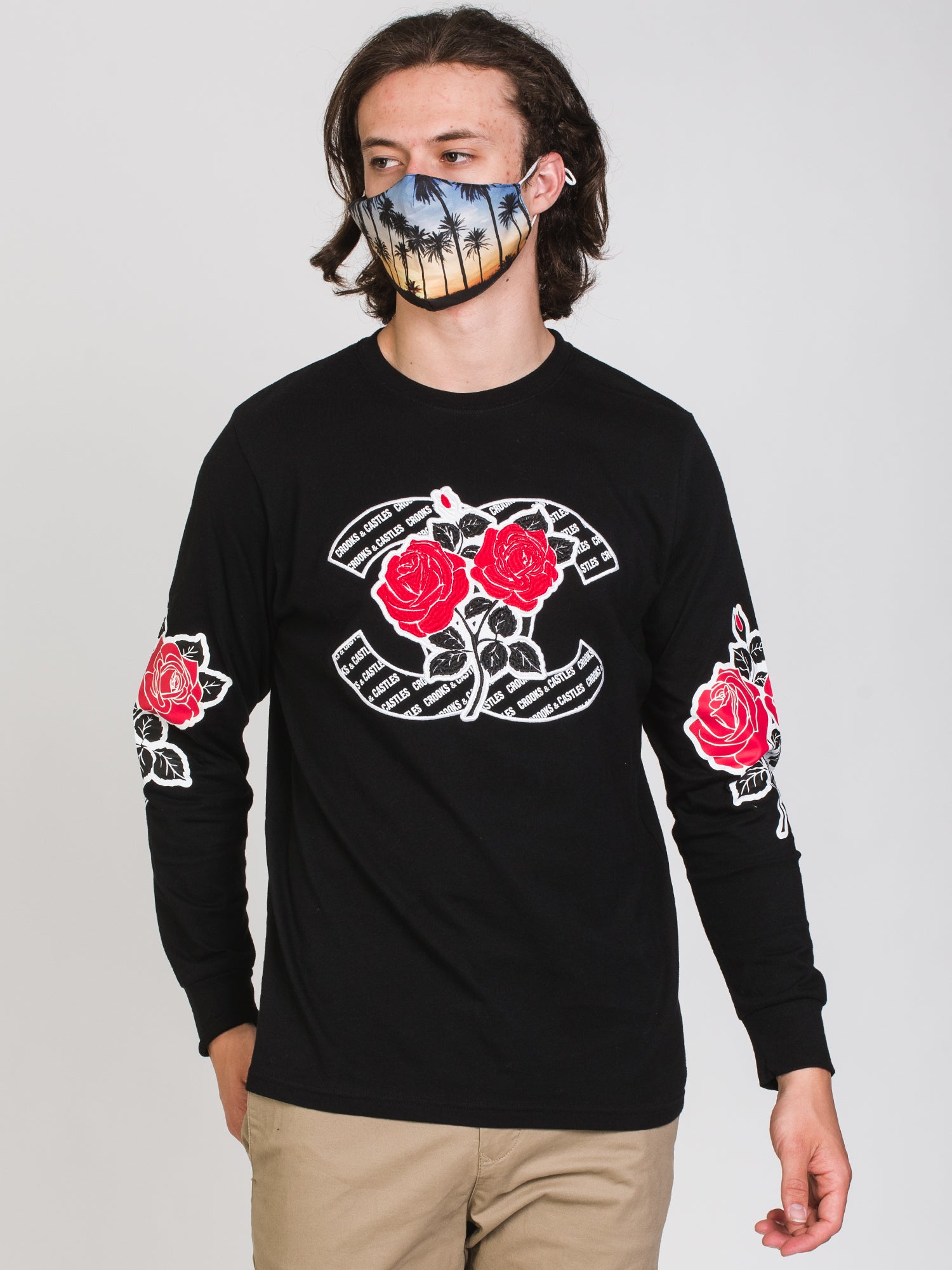 Crooks & Castles Roses Gun Graphic Long Sleeve T-Shirt for Men - Hip Hop Streetwear Fashion - Perfect for Concerts, Urban Outfits & Casual Wear