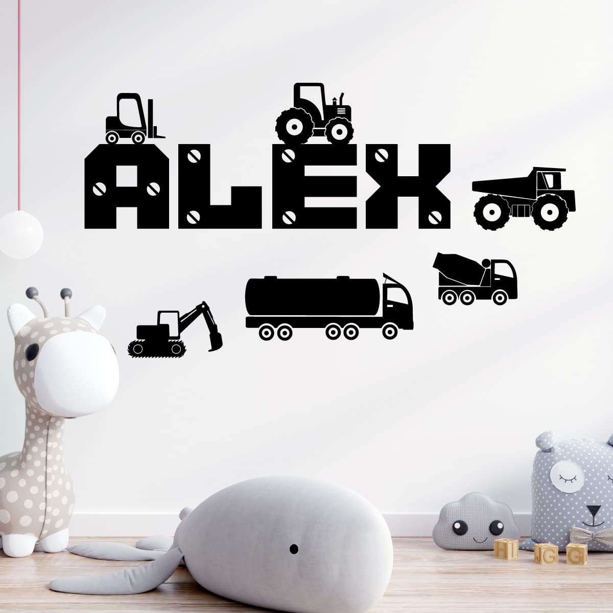 Personalized Boys Name Wall Decals - Truck, Tractor, Digger Construction Vehicle Stickers [Orange] | Nursery, Kids Room, Playroom Decor