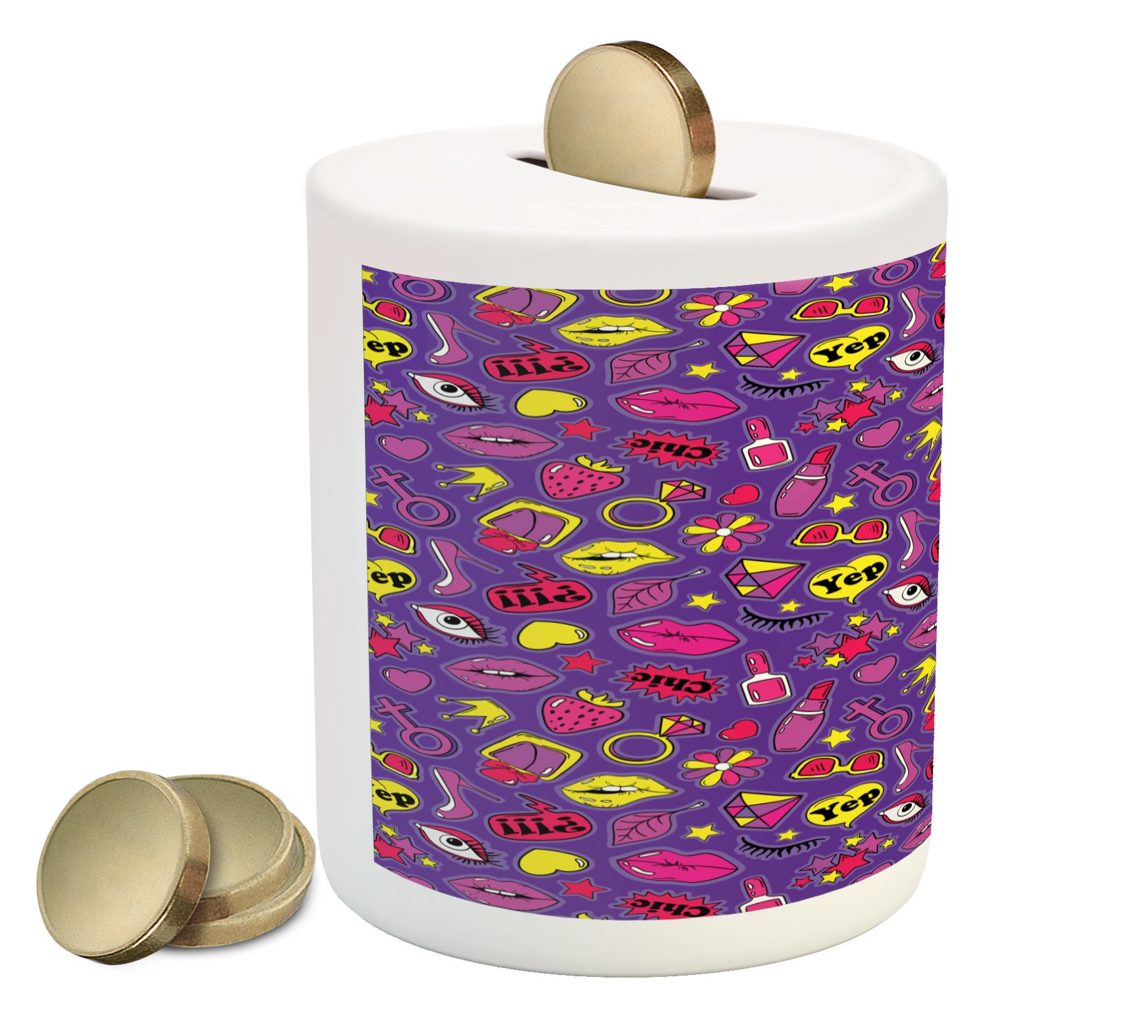Ambesonne Emoticon Piggy Bank - 90s Retro Comic Style Ceramic Money Box with Stars, Lips & Hearts for Women (3.6