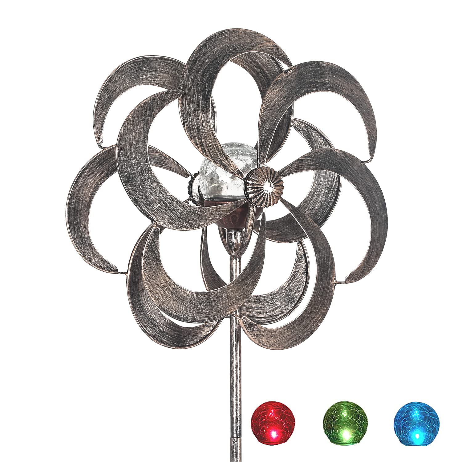 **Solar Wind Spinners with Crackle Glass Ball - Color Changing LED Lights for Outdoor Decor, Waterproof Kinetic Garden Sculptures - Perfect for Patio, Yard, Lawn & Pathway Decorations**    *(Use Case: Enhance your garden, patio, or pathway with these mesmerizing solar-powered wind spinners that automatically change colors at night, creating a magical ambiance for outdoor gatherings or relaxing evenings.)*