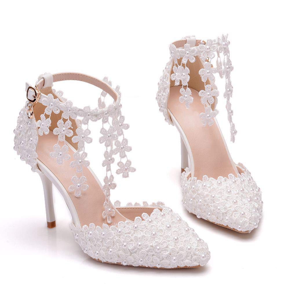 Elegant White Lace Wedding Shoes for Women - 9cm Stiletto Heel with Flower Tassel & Adjustable Ankle Strap - Pointed Toe Bridal Sandals (EU34) - Perfect for Weddings, Proms, and Formal Occasions
