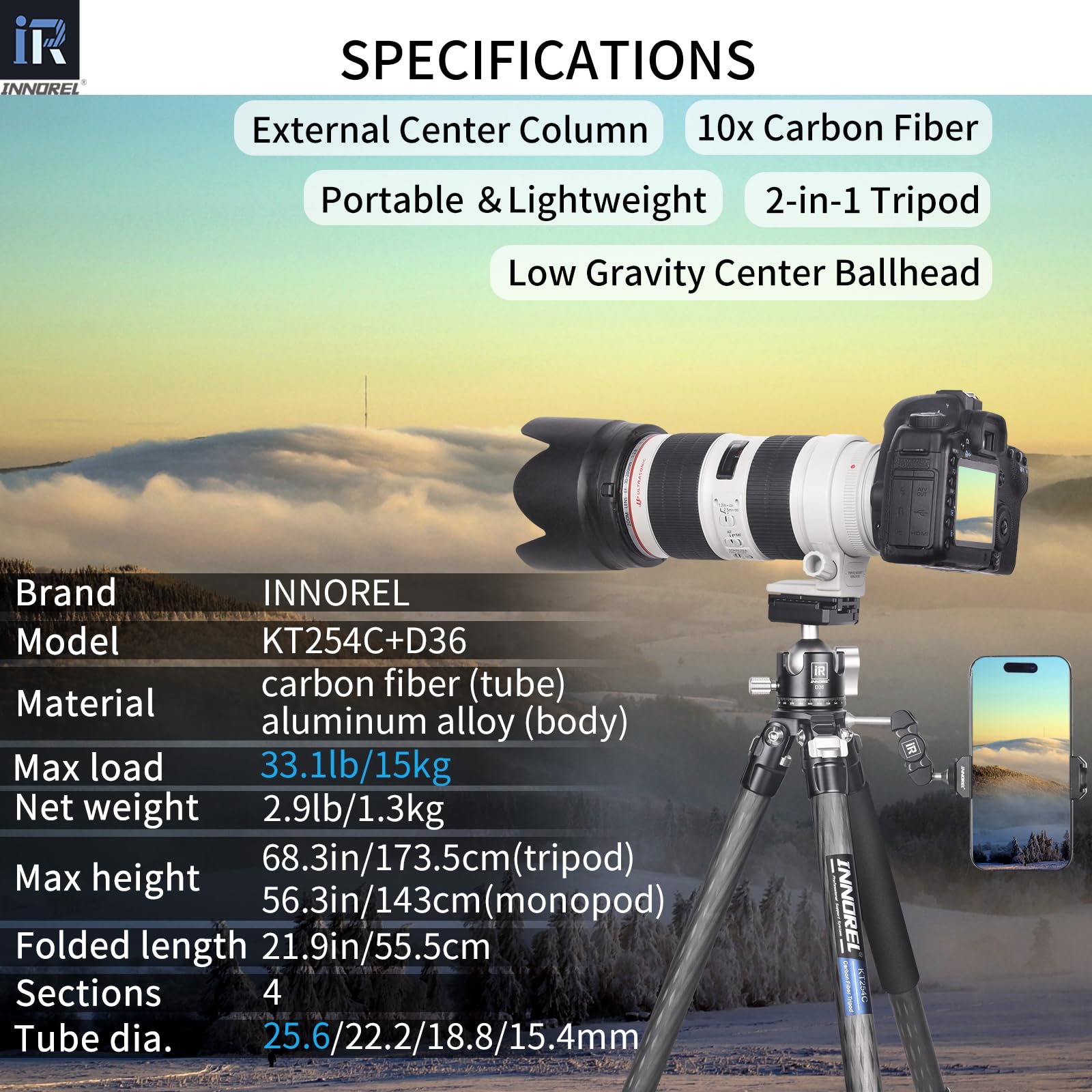 INNOREL KT254C Carbon Fiber Tripod Monopod - Professional Portable Travel Tripod for DSLR Cameras, 33lb Load Capacity, D36 Low Gravity Ballhead - Perfect for Photography, Vlogging & Outdoor Adventures