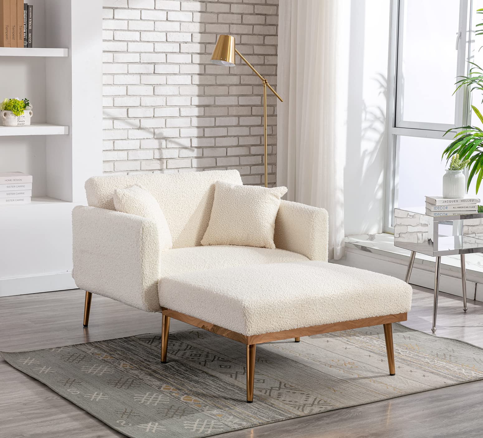 KINFFICT Convertible Chaise Lounge Chair - Modern Adjustable Lounger with 3 Positions, Indoor Sleeper Sofa Bed Includes 2 Pillows, 400 LBS Weight Capacity, Creamy White - Perfect for Living Room, Bedroom, Office & Small Space Relaxation