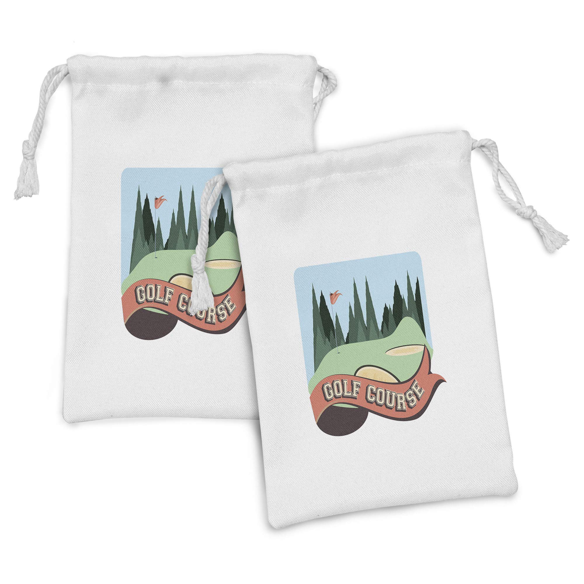 Ambesonne 2-Pack Golf Course Scene Drawstring Fabric Pouches - Cartoon Forest Hills & Flag Lettering Design, 9