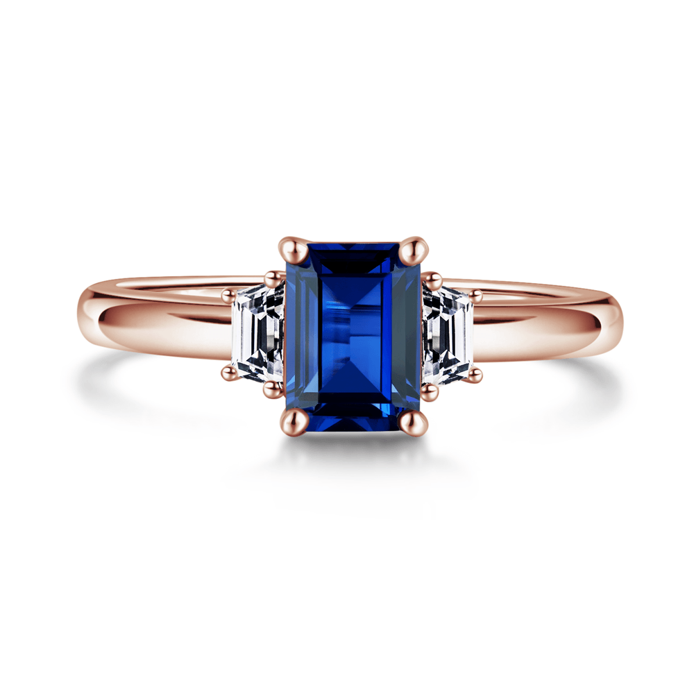 Exquisite Emerald Cut Blue Sapphire & White Sapphire Three Stone Ring – Elegant Jewelry for Engagement, Wedding & Special Occasions