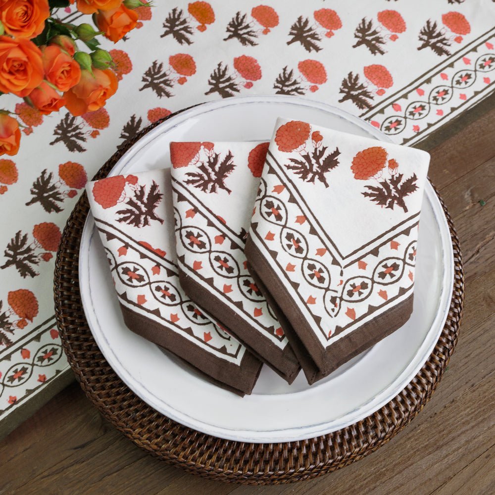 Gaya Brown & Persimmon Napkin Set of 4 - Premium Cotton Table Napkins for Dinner Parties, Weddings & Home Decor