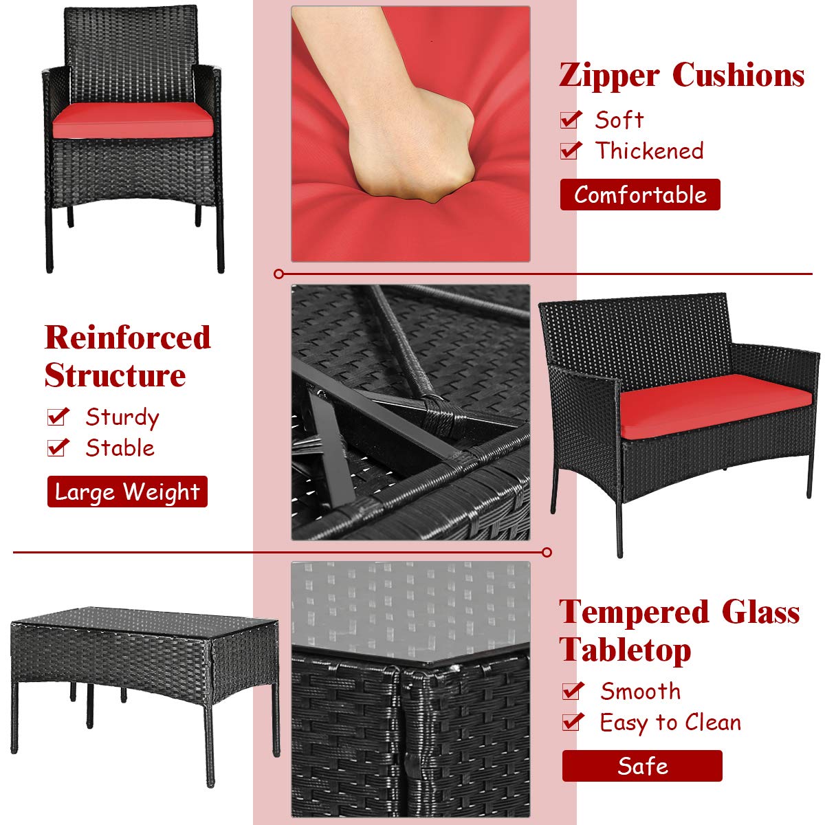 Tangkula 4-Piece Outdoor Patio Furniture Set - Wicker Rattan Loveseat & Chairs with Cushions & Tempered Glass Coffee Table - Durable Conversation Set for Backyard, Garden, Poolside, Porch & Deck (Red)
