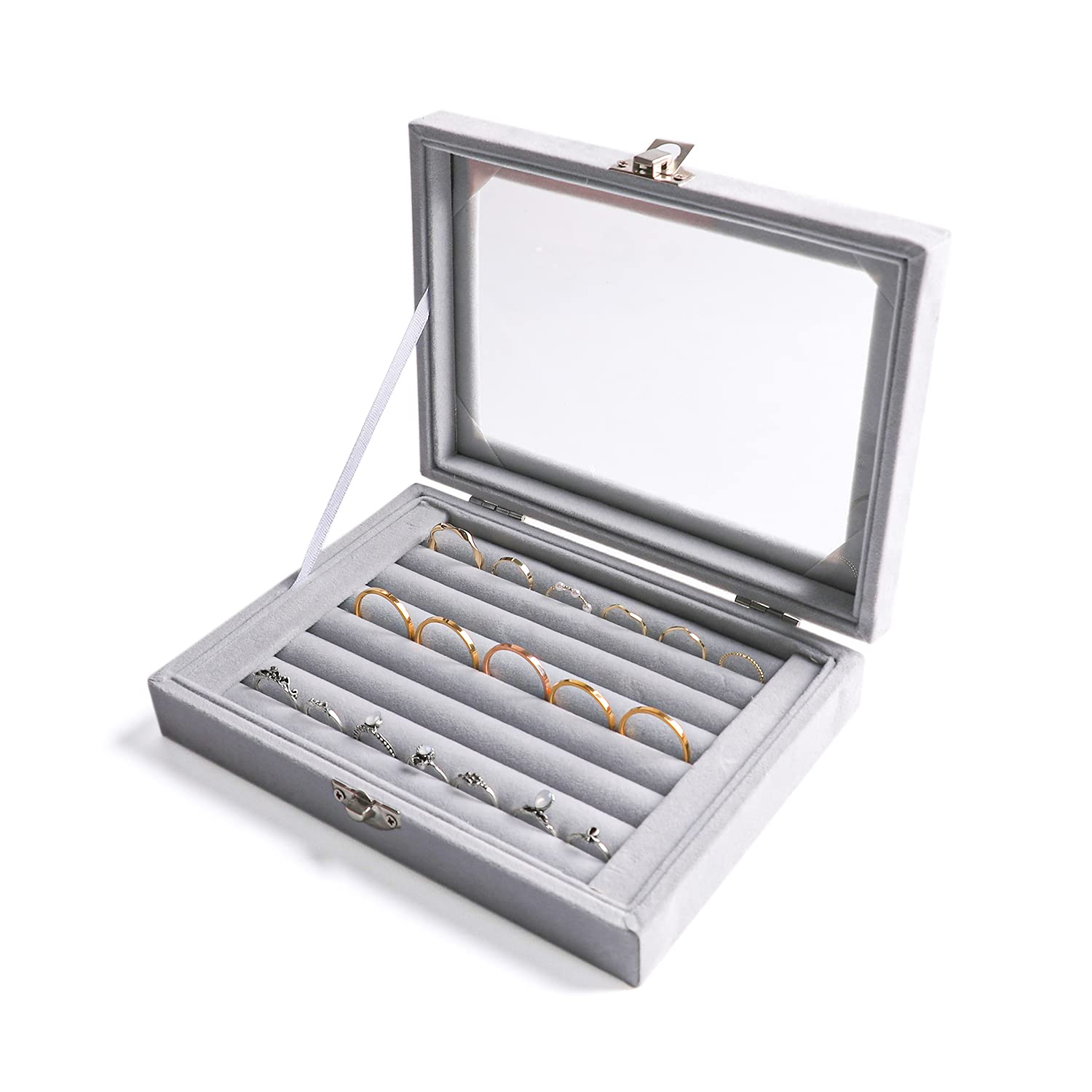 Frebeauty 7-Slot Ring and Earring Organizer Tray with Clear Lid - Velvet Jewelry Storage Box, Drawer Insert, Display Case - Perfect Gift for Women and Girls (Grey) - Ideal for Travel, Home Vanity, and Jewelry Shop Display