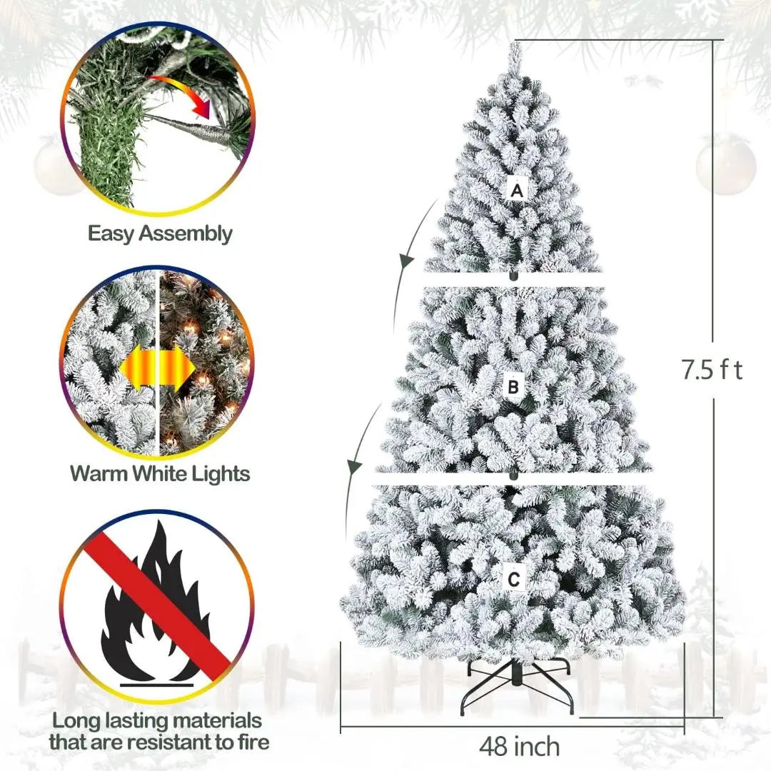 6'/7.5'/9' Flocked Snow Christmas Tree with Pine Cones & Warm White LED Lights - Hinged Branches & Sturdy Metal Stand for Holiday Home Decor, Office, and Party Decoration