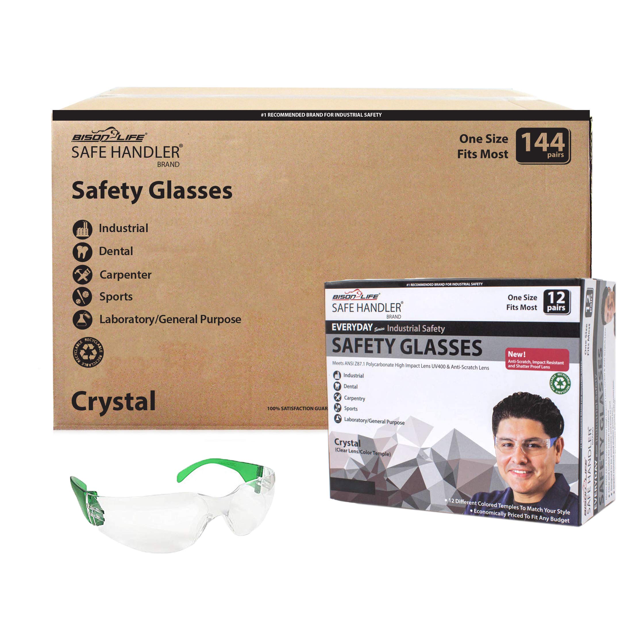 BISON LIFE Safety Glasses - Clear Polycarbonate Impact & Ballistic Resistant Lens, Green Temple (12 Boxes, 144 Pairs) - Ideal for Construction, Woodworking, Shooting & Industrial Safety Protection