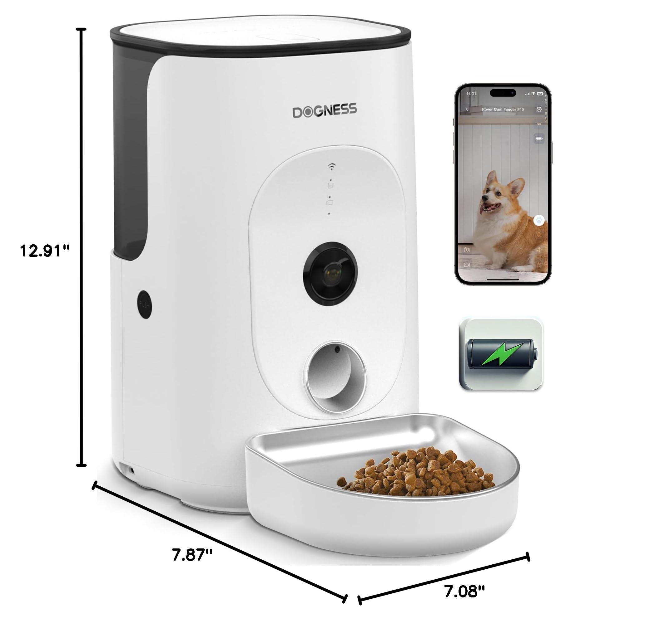 DOGNESS 4L Automatic Cat Feeder with Camera & 2-Way Audio - 5000mAh Rechargeable Pet Food Dispenser, 1080P HD Video Night Vision, 2.4G WiFi - Perfect for Busy Pet Owners, Multi-Pet Homes & Vacation Care